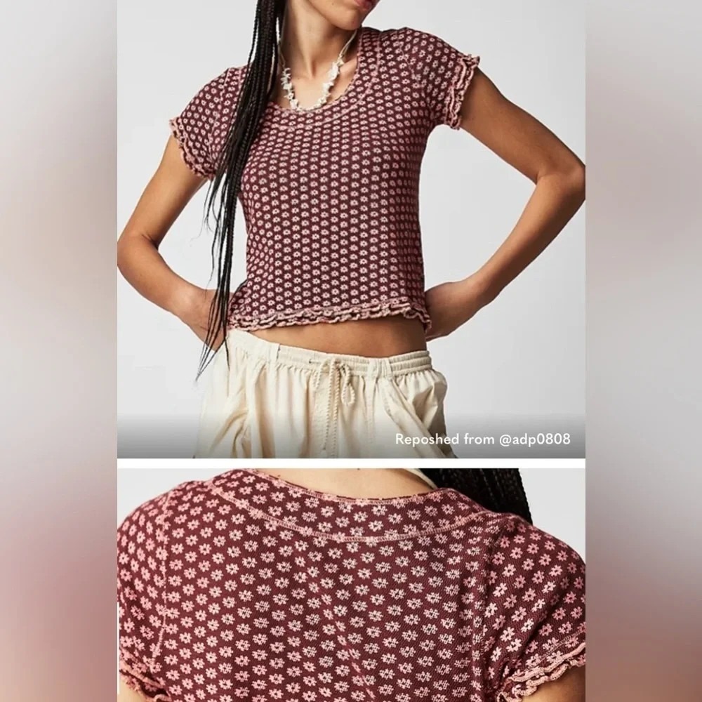 Free People Garner Tee Top Floral Ruffle Sleeve Pink Brown M